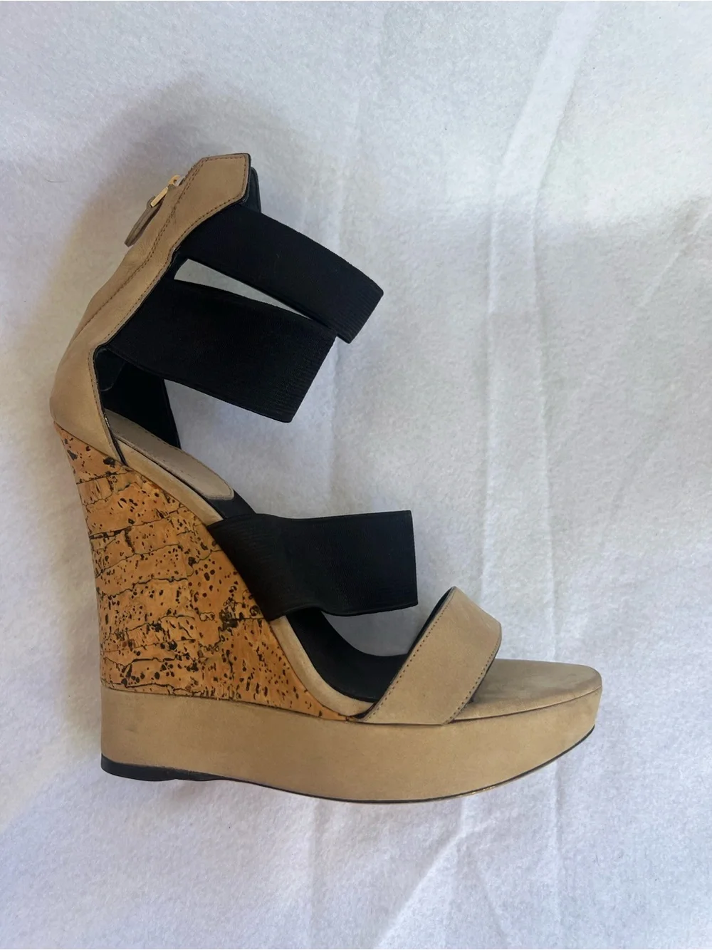 Donna Karan Beige and Black Cork Wedge Sandal
